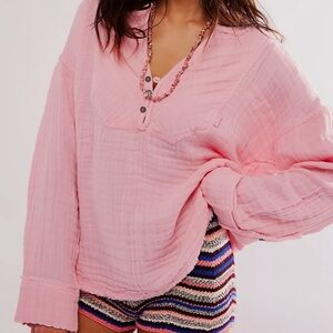 NEW Size Medium Free People We The Free Easy Sunday Pink Cotton Pullover Top